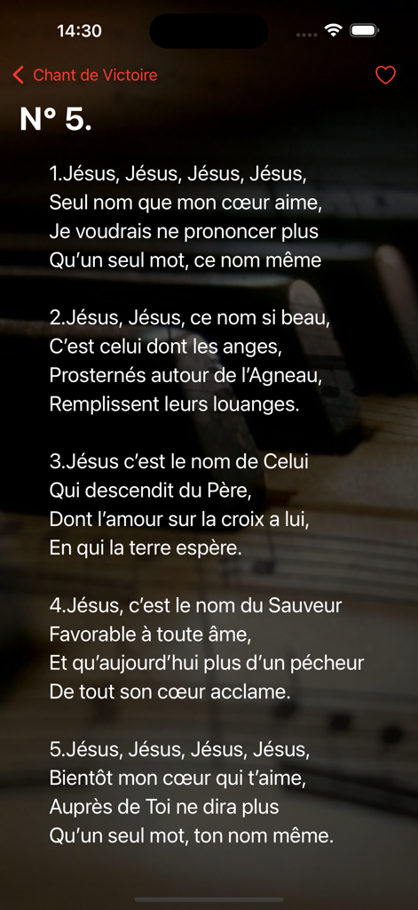 Songs of praise - Letra de hino em francês da coleção Chant de Victoire no aplicativo Songs of Praise.