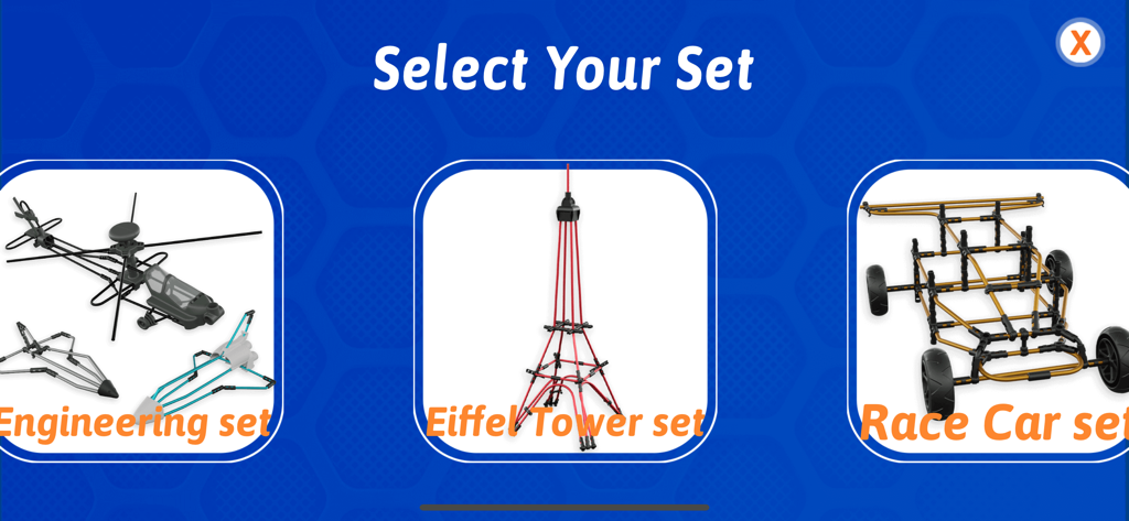 Interfaccia dell'app smART STIX che mostra tre opzioni di costruzione, inclusi i set "Ingegneria Torre Eiffel" e "Macchina da Corsa".