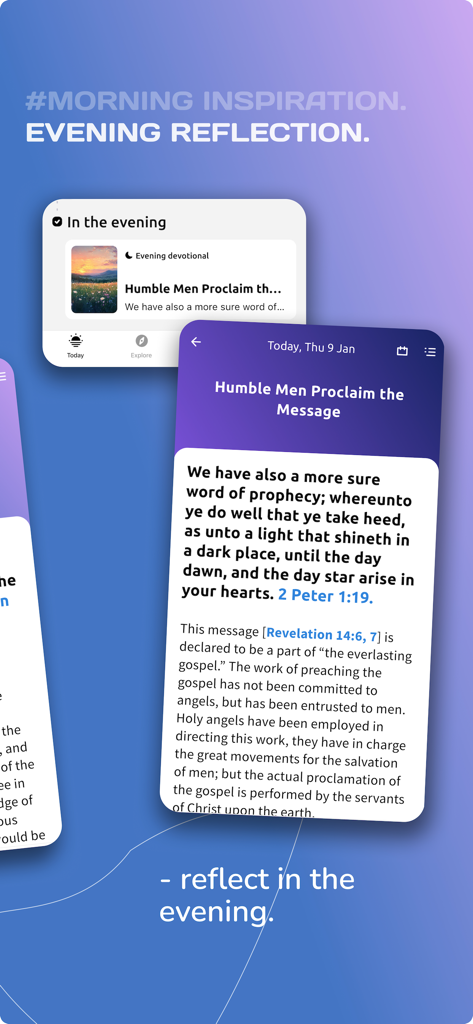 Evening devotional screen from the Adventist Devotional Readings app with Bible verse and reflection text