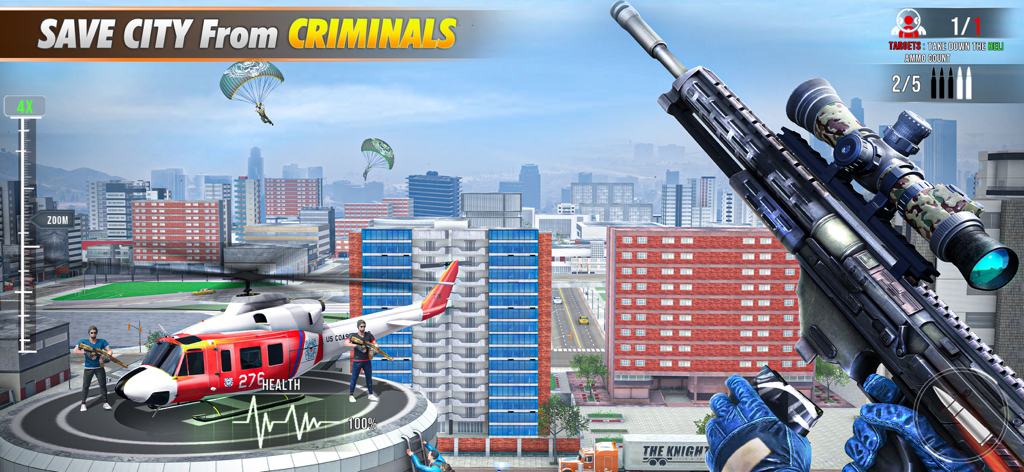 Sniper Ops: Gun Shooting Games - First person sniper view aiming a high powered rifle at a helicopter mission in a city