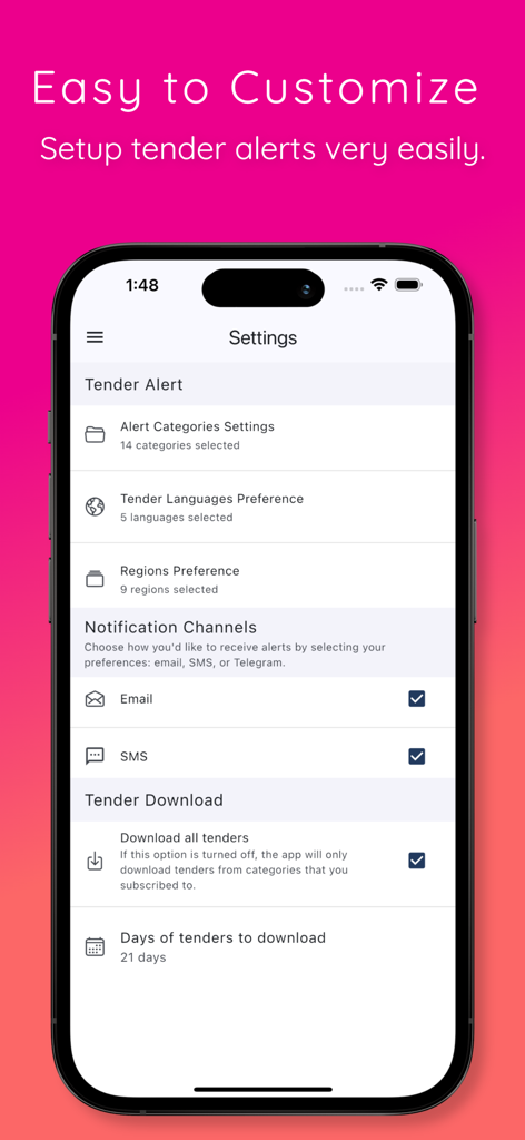 2merkato Tenders - Settings screen of the 2merkato Tenders app showing options to customize tender alerts, regions, and notification channels.