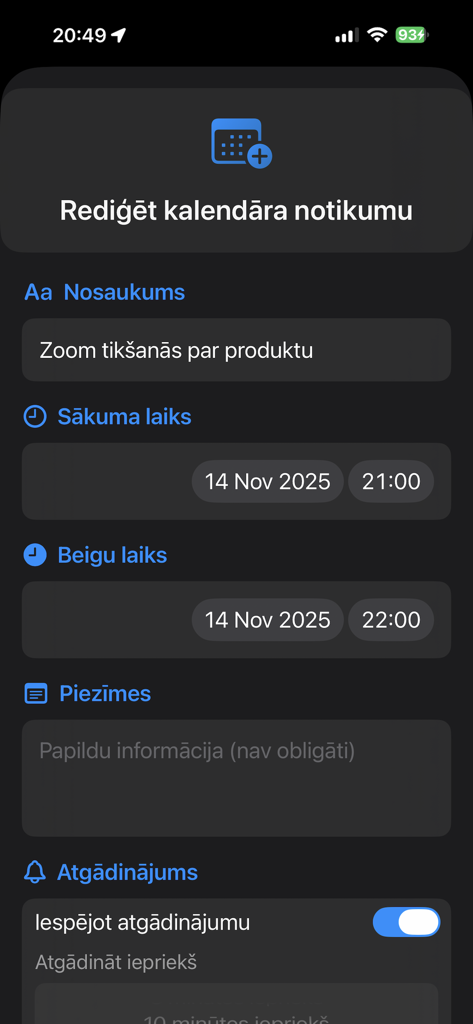 Echo Time Voice Assistant - Echo Time app interface showing the edit calendar event screen with meeting details and time settings