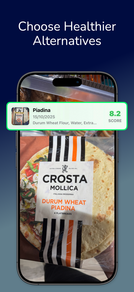 Écran de l'application Exposr montrant un score de santé pour un produit alimentaire scanné