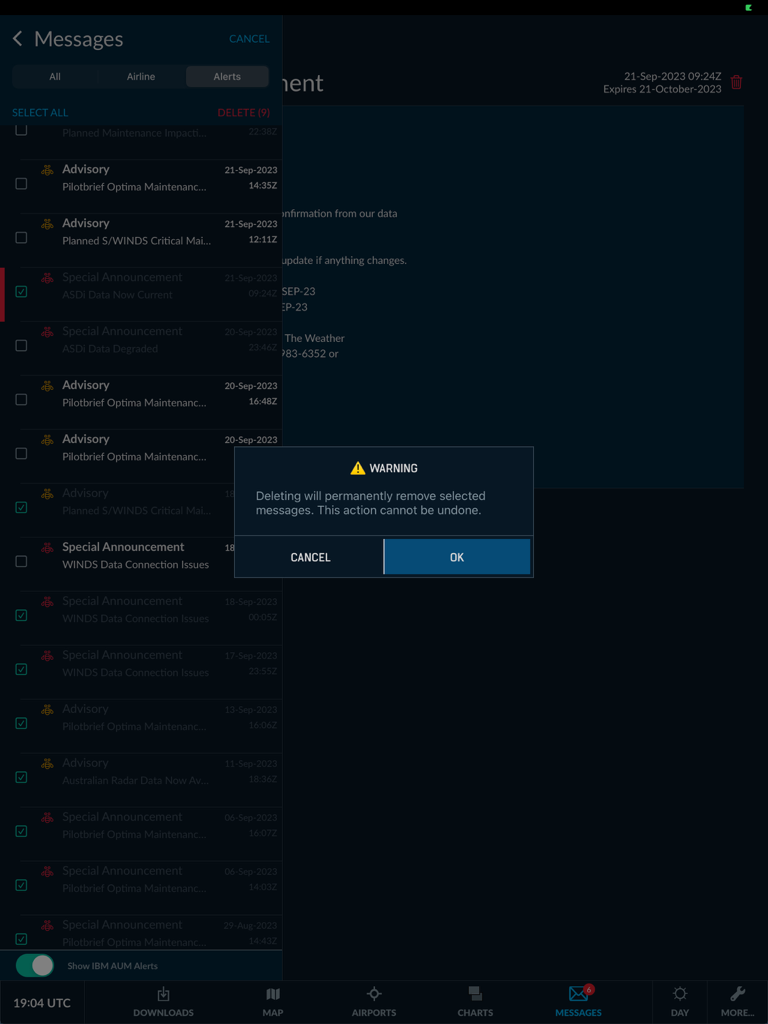 WSI Pilotbrief Optima - WSI Pilotbrief Optima message list with delete warning popup