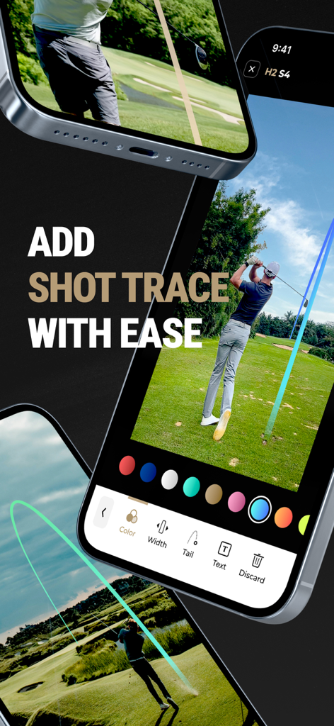 Interface of GolfCam app showing how to add and customize shot tracer lines for golf swing videos.