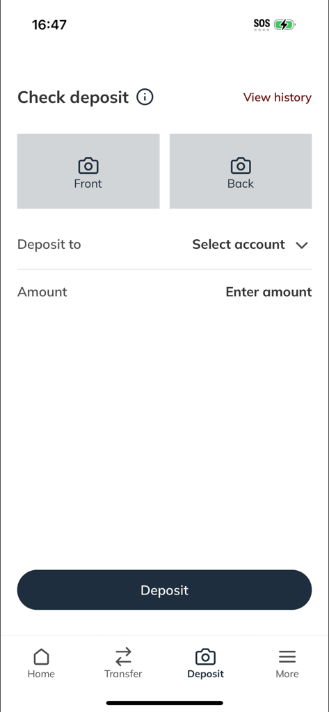 Georgetown Alumni & Student CU - Mobile check deposit screen in the GUASFCU app featuring buttons to photograph the front and back of a check.