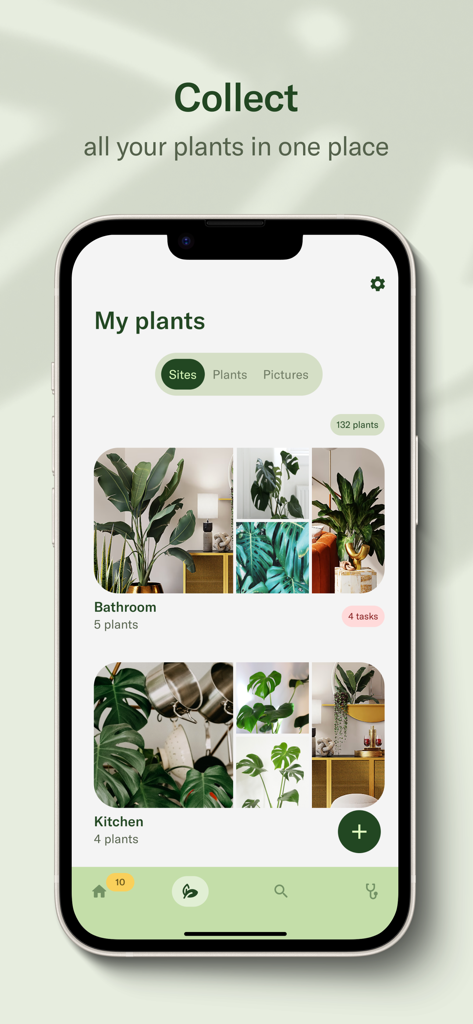 Planta: Plant & Garden Care - Planta app interface showing indoor plants organized by room locations including bathroom and kitchen.