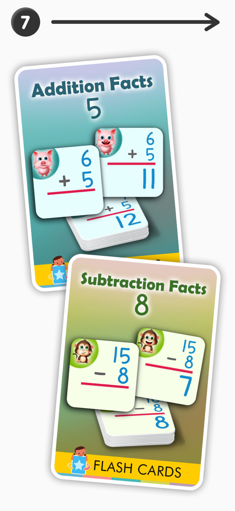Digital math flashcards for addition and subtraction facts featuring cute animals for first grade learning