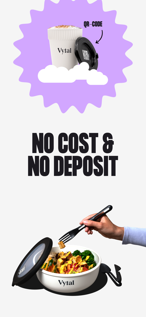 VYTAL - Tazza da caffè Vytal riutilizzabile e ciotola per alimenti con coperchio con codice QR che mostra l'assenza di deposito.