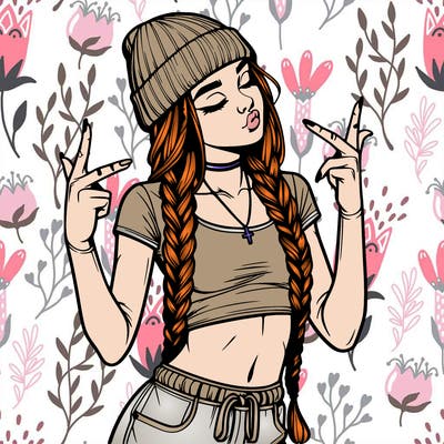 realistic teenage girl with braids and a beanie and crop top doing 🫶🏼