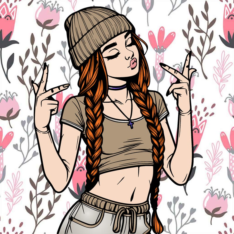 realistic teenage girl with braids and a beanie and crop top doing 🫶🏼