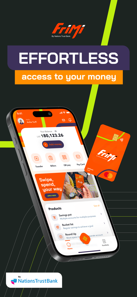 Application bancaire numérique FriMi affichant le solde du compte et les services sur un téléphone