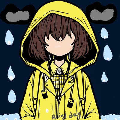 little anime girl in a raincoat her hair is covering her eyes she has a lighter