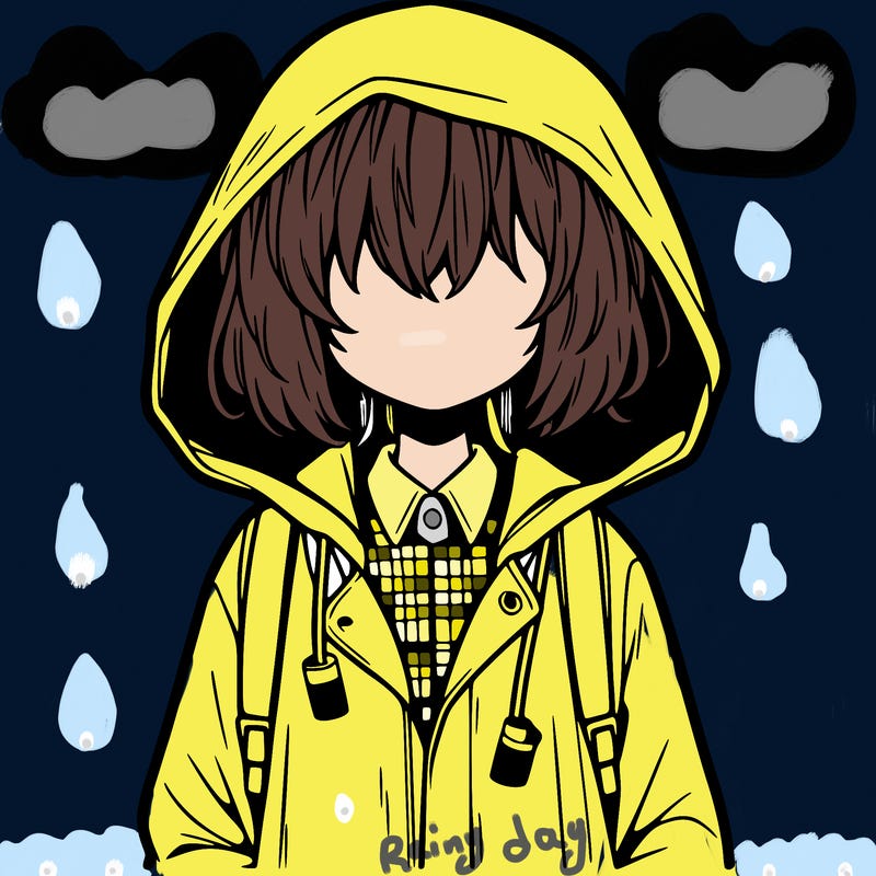little anime girl in a raincoat her hair is covering her eyes she has a lighter