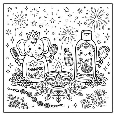 Celebrate Diwali with this charming coloring page, blending cute kids' haircare products with festive traditions. Perfect for young artists to explore culture and creativity!