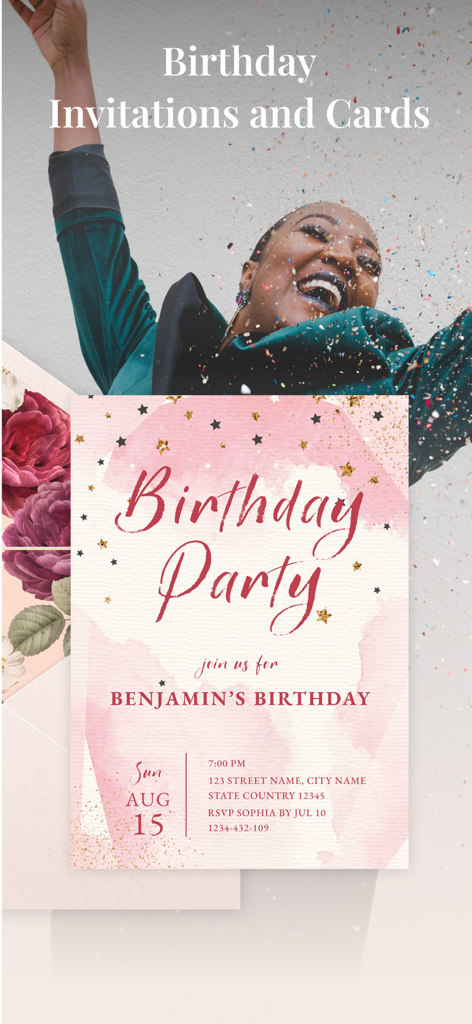 Invitation Maker Wedding Cards - Pink watercolor birthday party invitation template with a celebratory woman in the background.