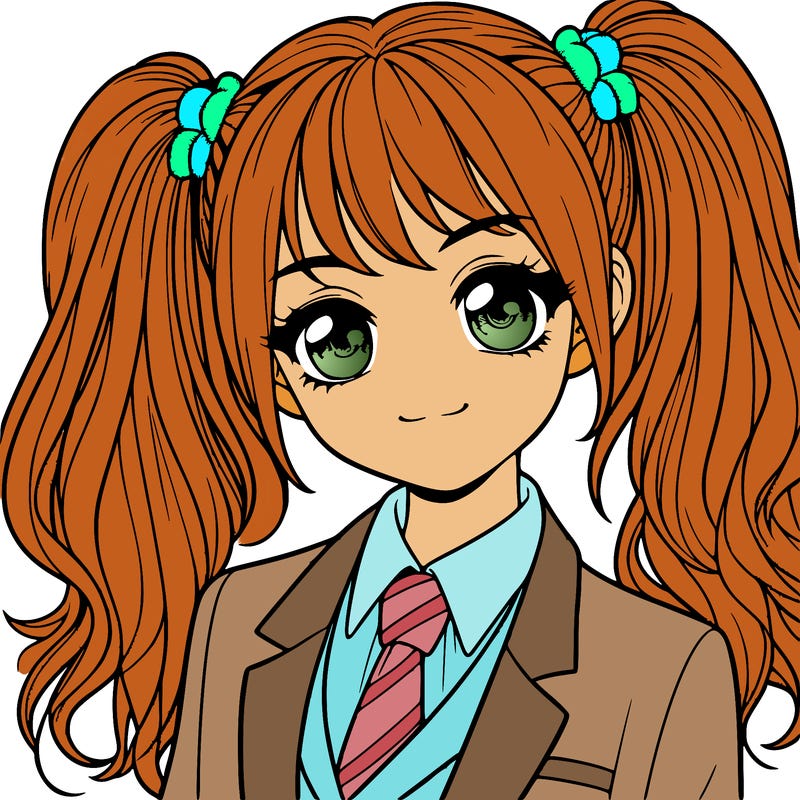 realistic girl with two ponytails and a suit on