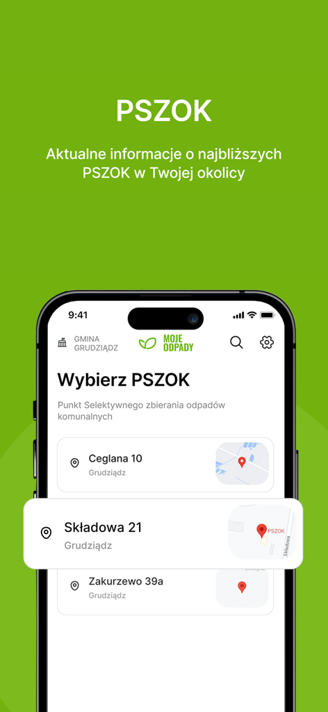 Waste collection schedule - A mobile app screen displaying a list of local waste collection centers with addresses and map locations