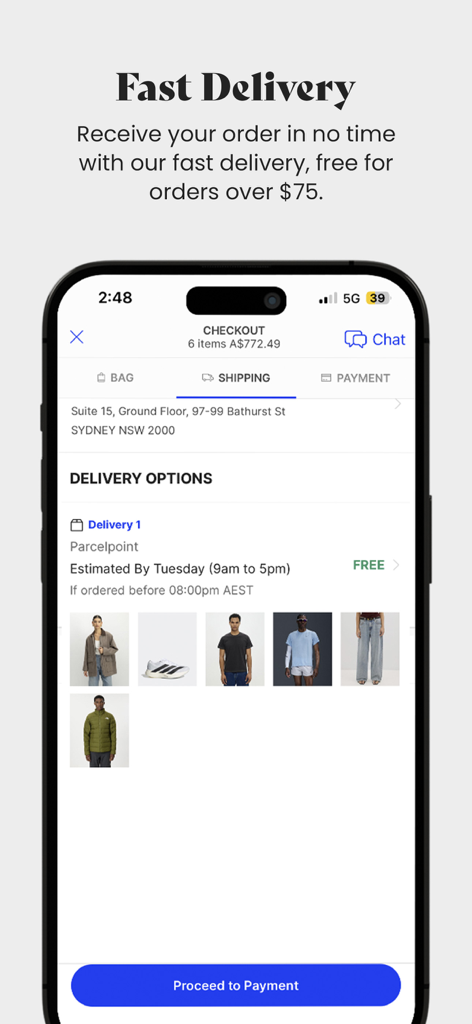 Ecrã de checkout da app móvel THE ICONIC mostrando opções de entrega e detalhes de envio para uma encomenda de moda.