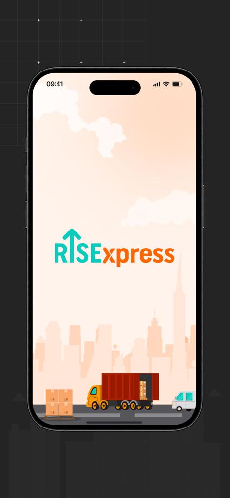 RisExpress - RisExpress app splash screen featuring a city skyline and freight truck illustration