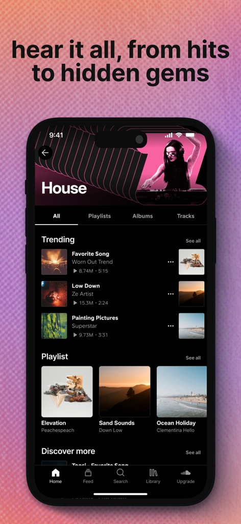 SoundCloud app interface showing trending house music tracks and curated playlists
