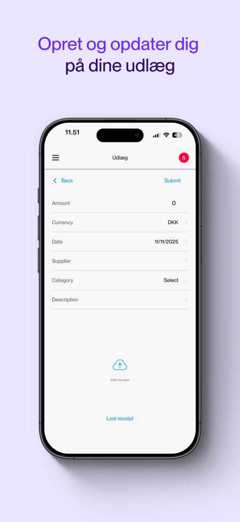 Zenegy Expense mobile app screen for adding a new expense with fields for amount and receipt upload
