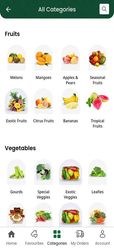 Pure O Natural - Pure O Naturalアプリのカテゴリ画面。オンライン注文用のさまざまな新鮮な果物と野菜が表示されています。