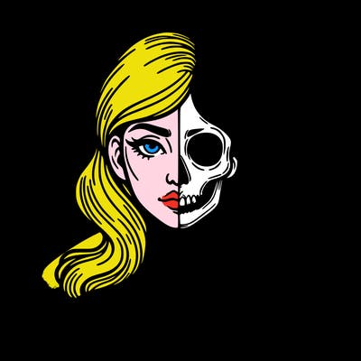 bust of a woman, half face and hair, half skull