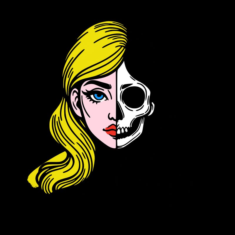 bust of a woman, half face and hair, half skull