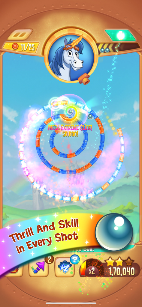 Jugabilidad de Peggle Blast con Bjorn el unicornio y una puntuación alta en un nivel espiral