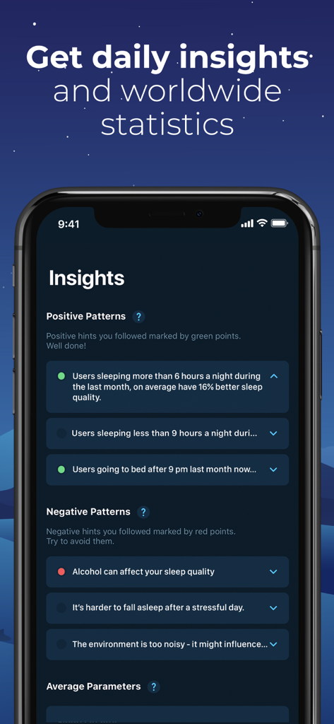 Sleepzy app interface displaying personalized sleep insights and behavioral patterns for sleep optimization.