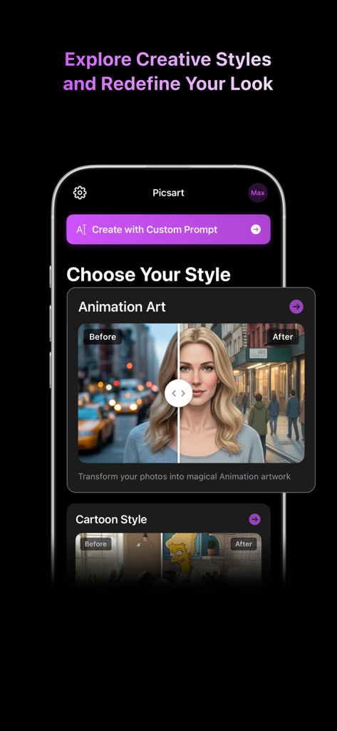 PicsArt: Turn Photos to AI Art - Captura de pantalla de la aplicación PicsArt que muestra estilos creativos de IA para la transformación de fotos, incluyendo animación y estilos de dibujos animados