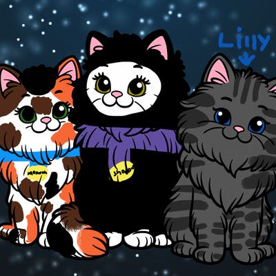 three cats, one fluffier than the rest