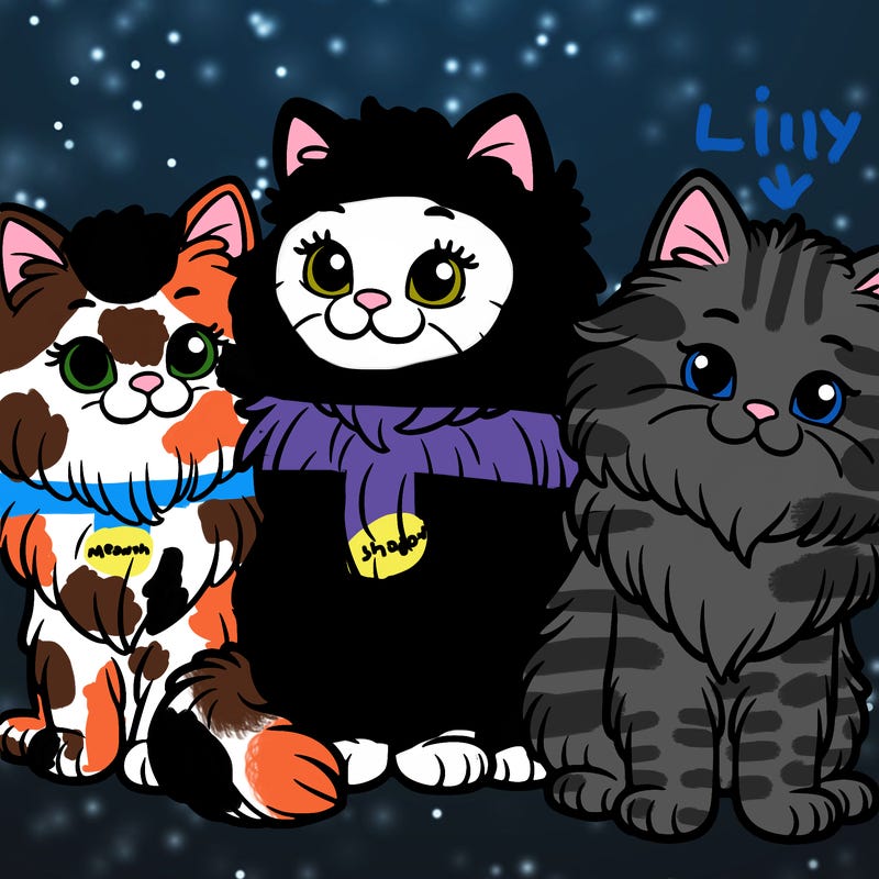 three cats, one fluffier than the rest
