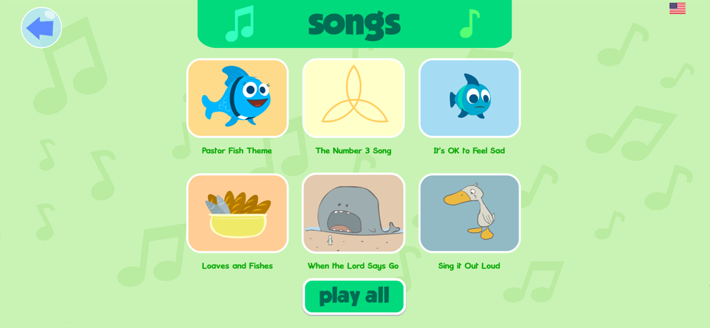 A song selection menu in the Pastor Fish app showing several illustrated biblical and educational songs for kids.
