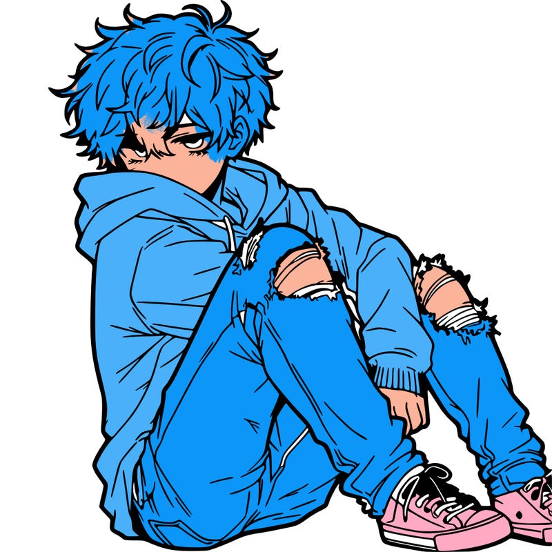 a male hoddie ripped jeans messy hair anime