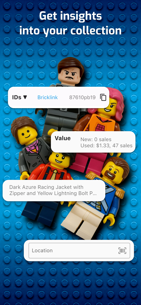 レゴミニフィギュアのグループに、BrickLink IDと推定市場価値を示すアプリのオーバーレイが表示されている