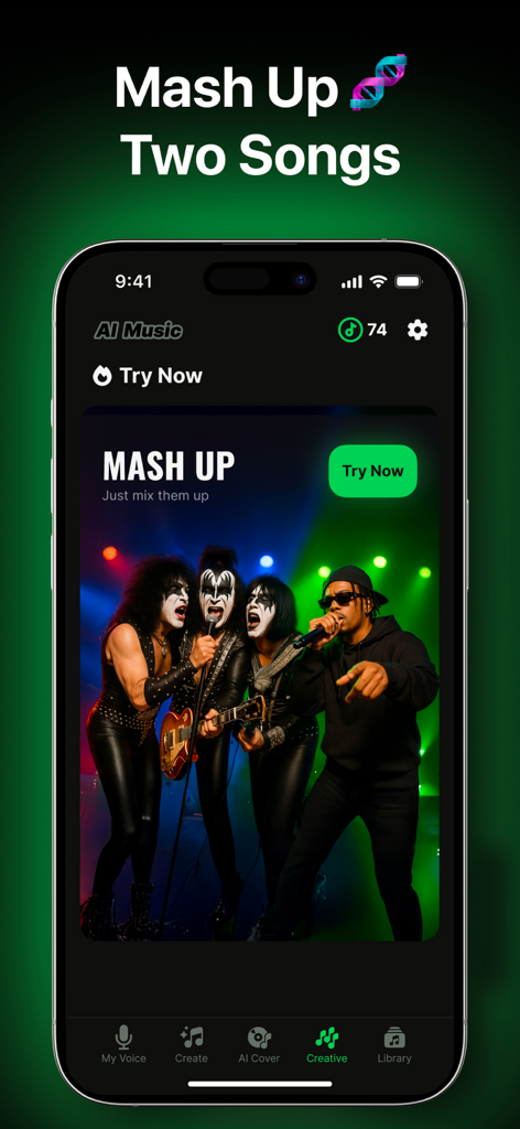 2曲をミックスするためのマッシュアップ機能を示すAI Musicアプリのインターフェイス。
