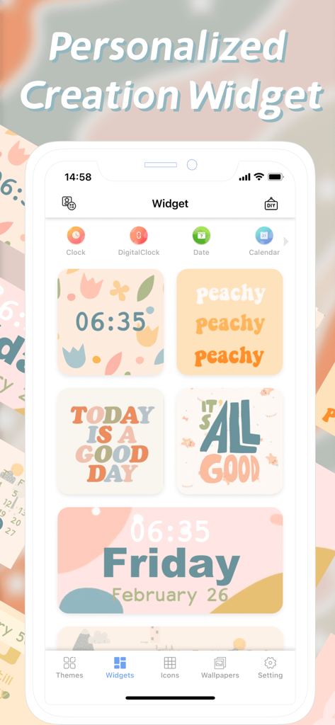 Themes: Color Widgets, Icons - Una interfaz de aplicación móvil que muestra varios widgets estéticos de colores pastel para la personalización de la pantalla de inicio.