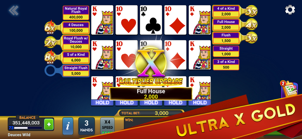 Gameplay of Video Poker Multi Deuces Wild showing the Ultra X Gold mode with multi-hand multipliers and a full house win.