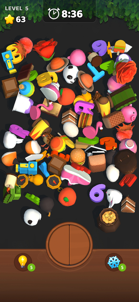 Colorful 3D objects like animals food and toys jumbled in a Match 3D Blast game level