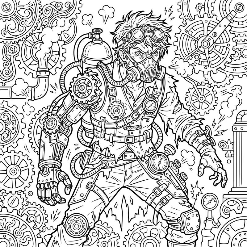 Prepare for a unique coloring adventure with this Steampunk Infected Human design. This intricate page blends dystopian themes with industrial Victorian aesthetics, offering a compelling artistic challenge.
