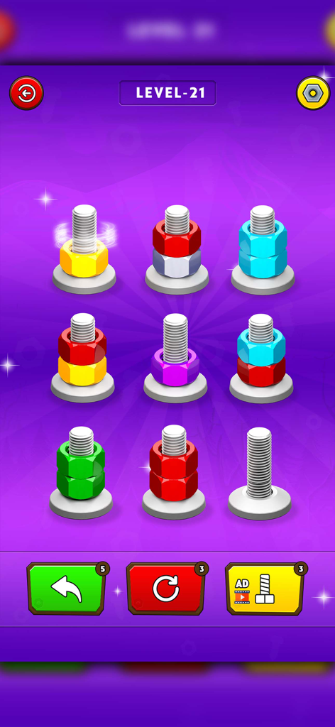 Gameplay of Nut Sort Color Merge Mind Game featuring colored nuts on bolts in a puzzle level.