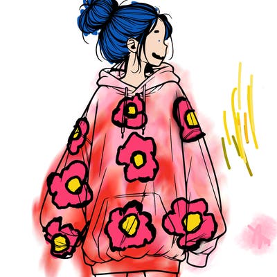 realistic girl with a oversized sweatshirt on and a bun