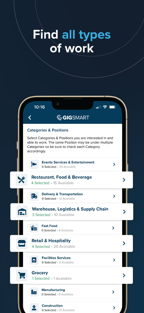 Mobile screen of GigSmart app showing diverse job categories including warehouse, retail, and construction.