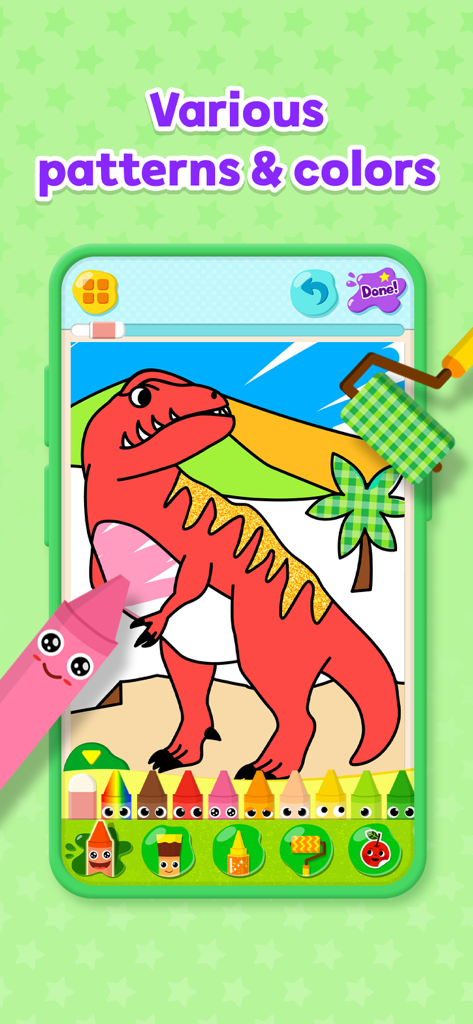 Pinkfong Coloring Fun - Pantalla de la aplicación de colorear Pinkfong que muestra un dinosaurio rojo siendo coloreado con herramientas digitales y patrones
