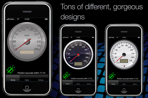 SpeedoCheck HUD - Três skins de velocímetro analógico diferentes para o aplicativo SpeedoCheck HUD exibidos em iPhones