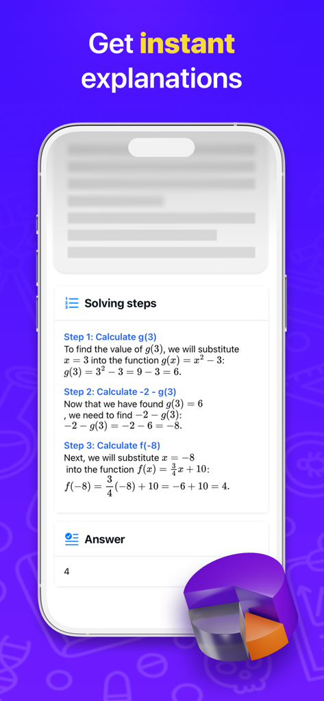 宿題ヘルパーアプリのスマートフォンのインターフェースに、詳細なステップごとの数学の解答が表示されている様子