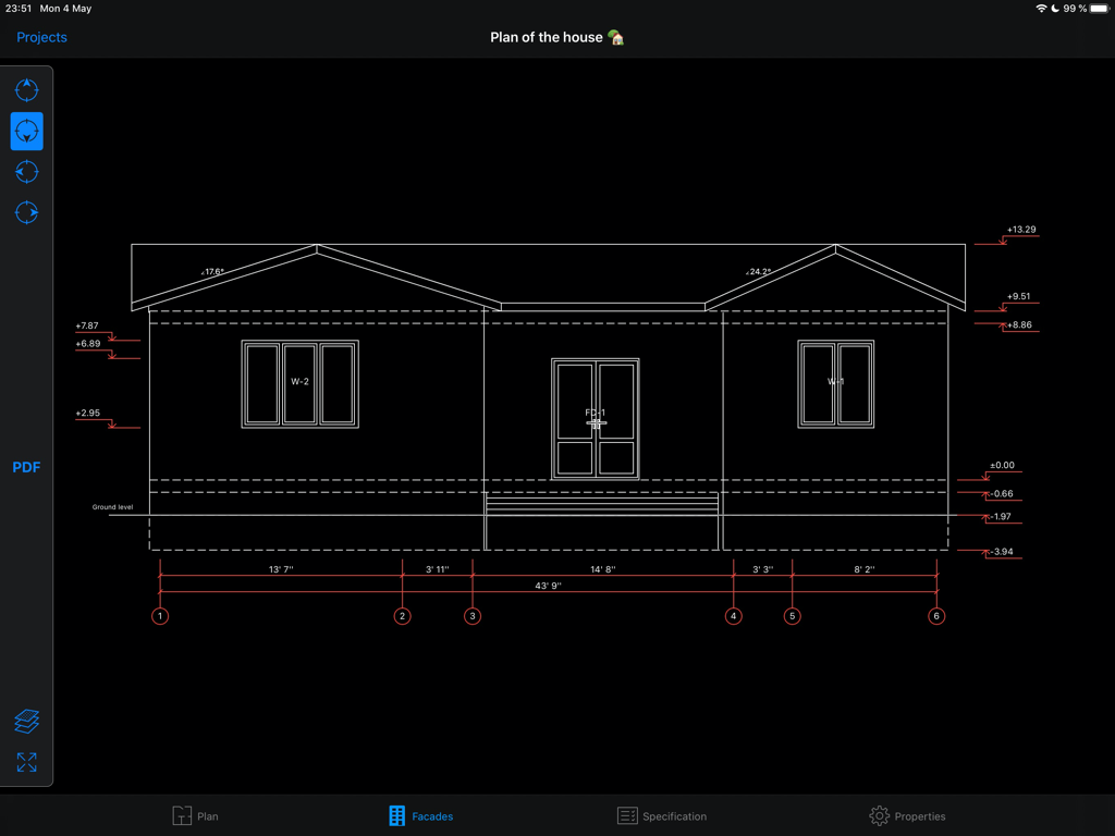 Vue de façade architecturale d'une conception de maison avec mesures dans l'application HomeCAD