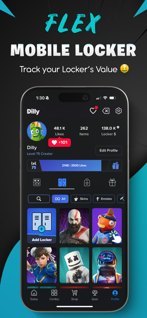 Dilly app interface showing a Fortnite mobile locker with skin collection and value tracker